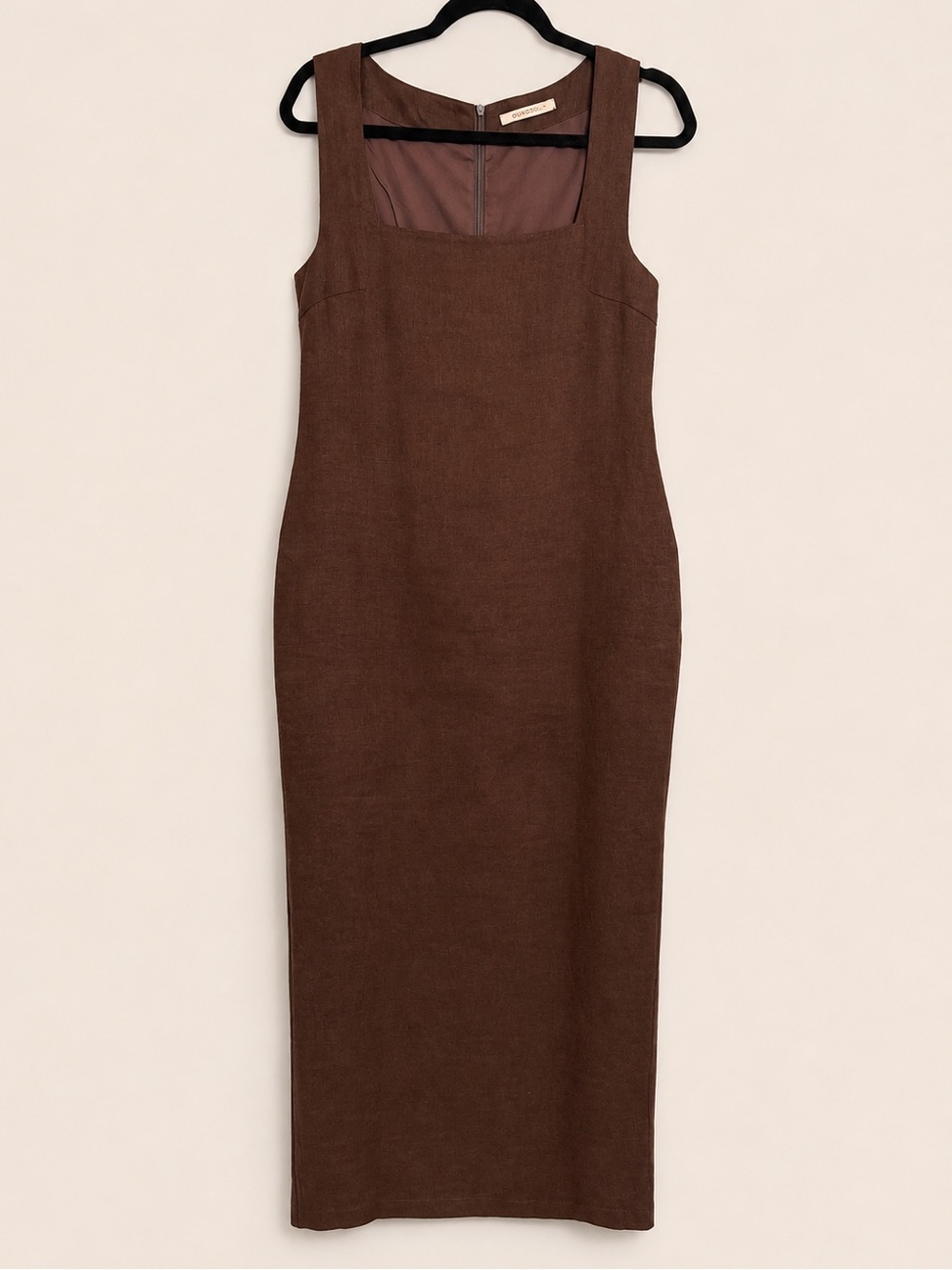 NWOT Olivaceous Brown 100% Linen Square Neck Midi Dress